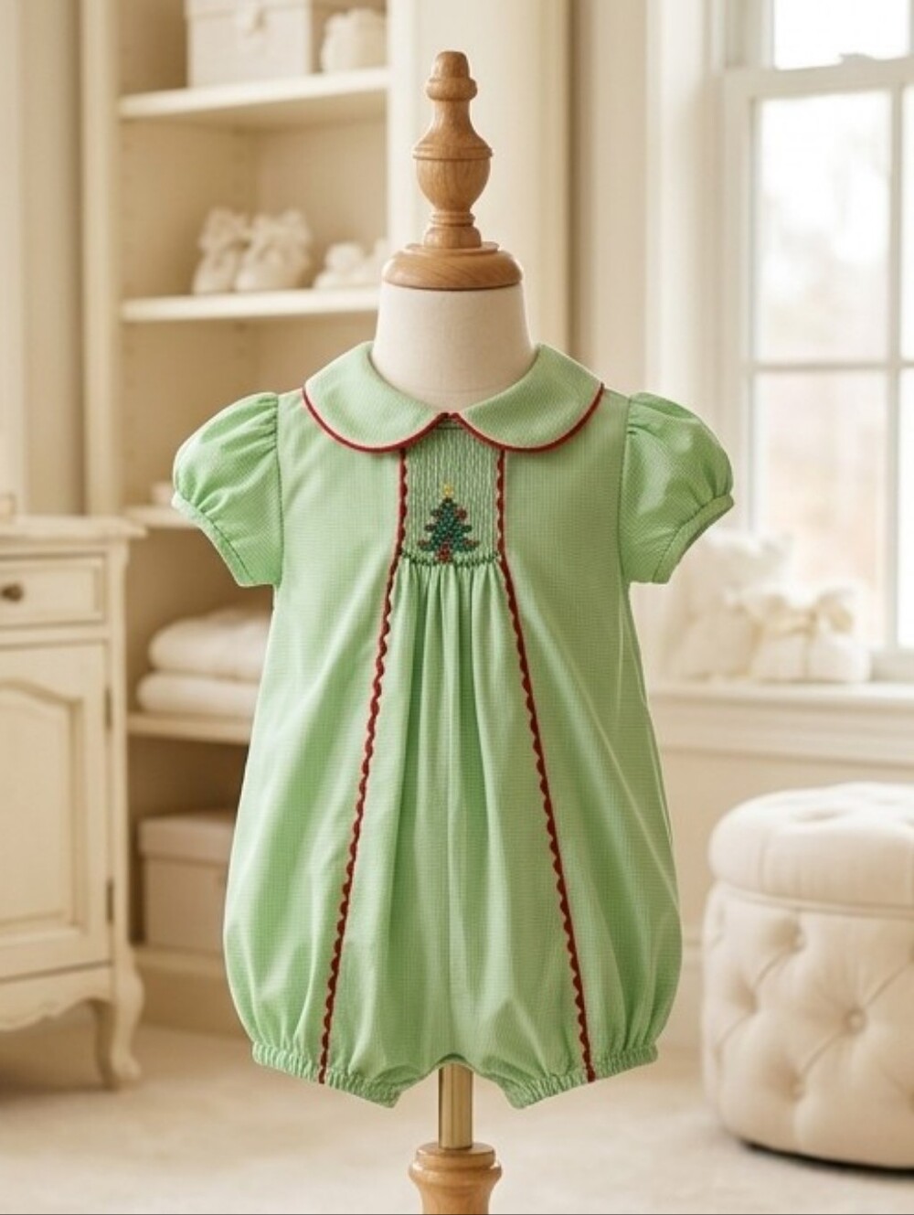 Baby Blessings Green & White Microcheck Smocked Christmas Tree Bubble | Size 3M